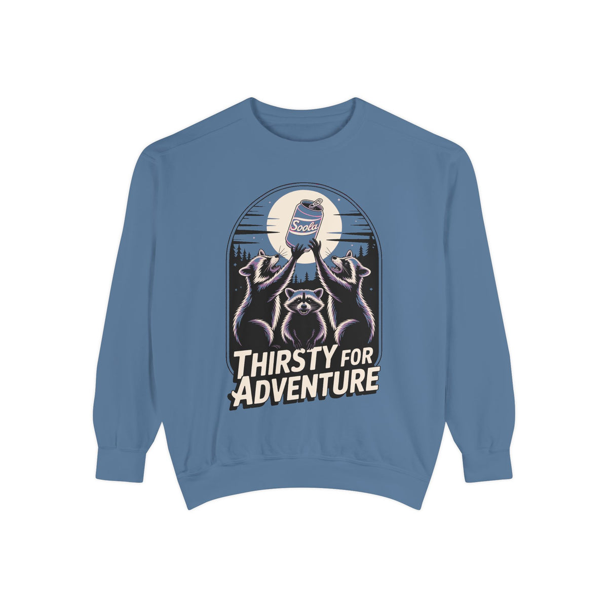 Thirsty For Adventure Raccoons Sweatshirt, Funny Vintage Poster Crewneck, Retro Raccoon Graphic Sweatshirt Gift
