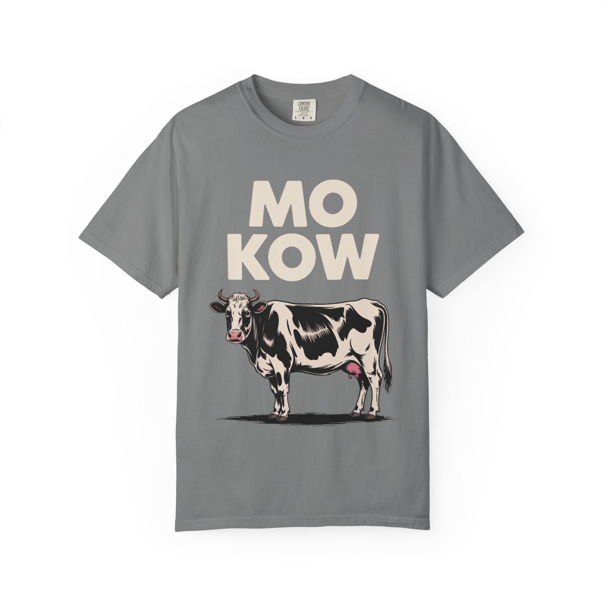 Mo Kow Funny Cow Shirt, Absurd Meme T-Shirt, Deadpan Farm Animal Tee, Weird Cow Lover Gift, Funny Misspelled Label Shirt