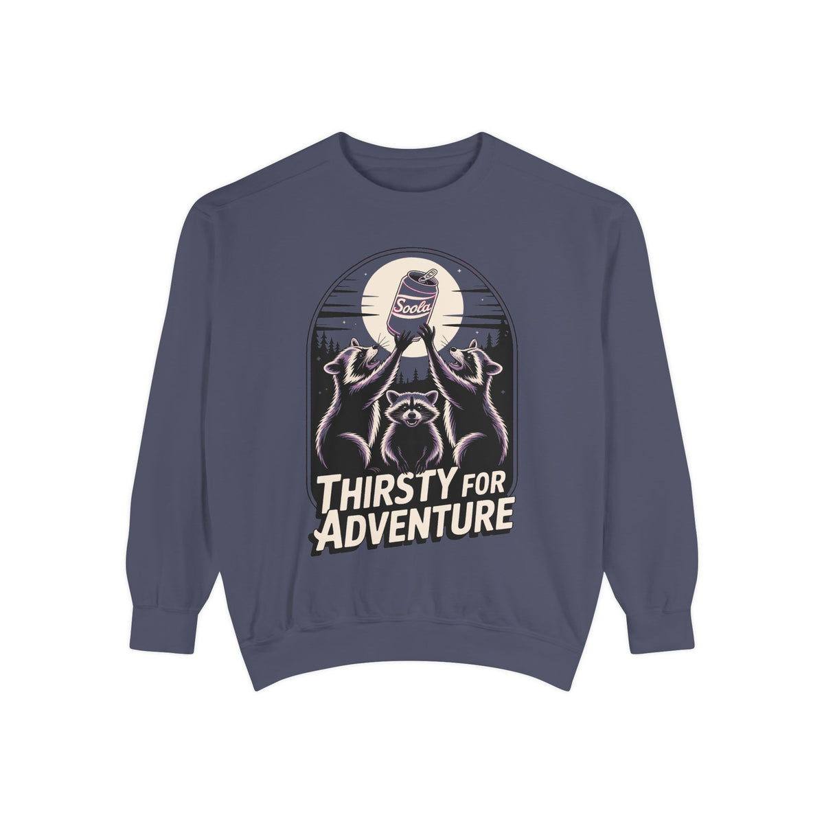 Thirsty For Adventure Raccoons Sweatshirt, Funny Vintage Poster Crewneck, Retro Raccoon Graphic Sweatshirt Gift
