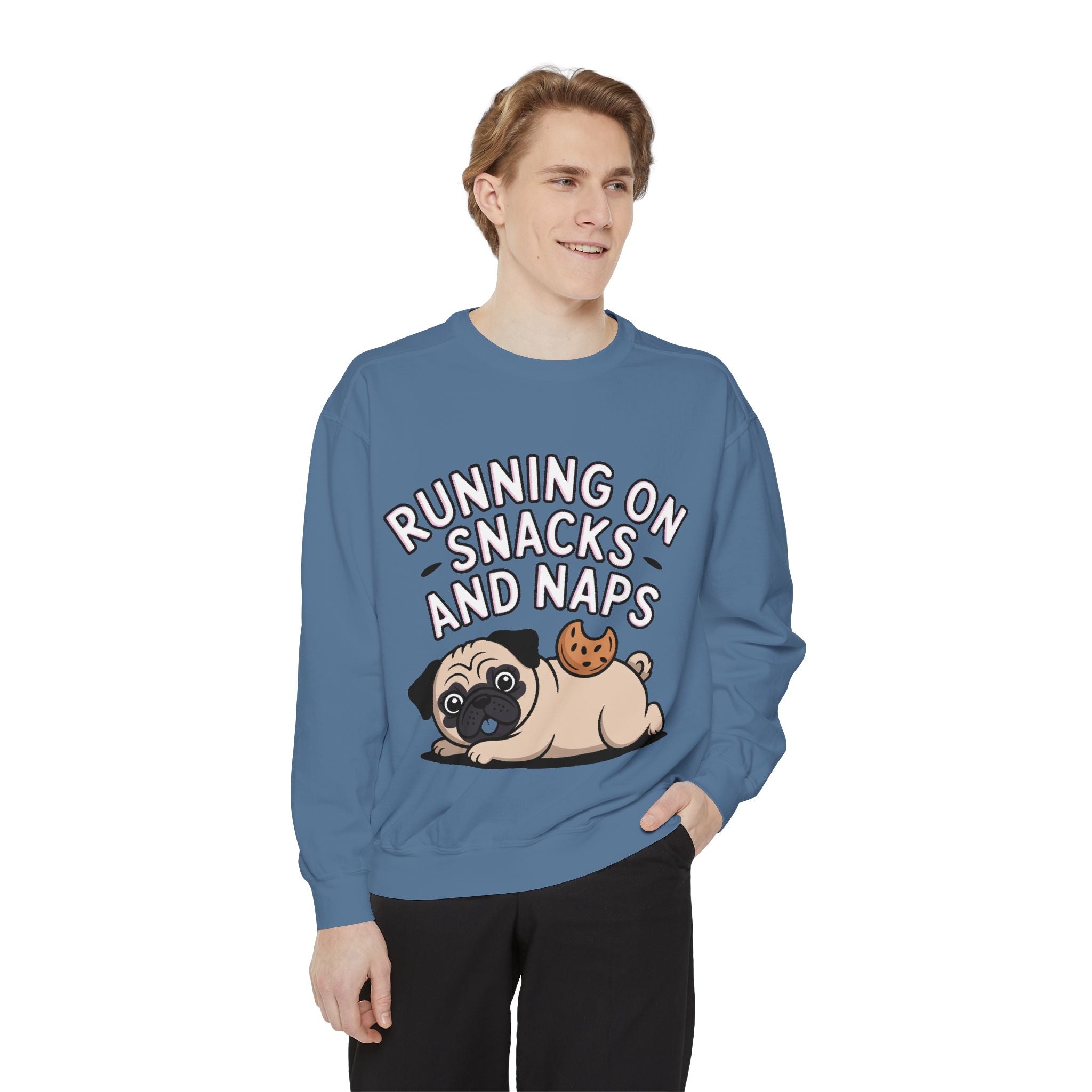 Pug Sweatshirt, Funny Running On Snacks And Naps Crewneck, Cute Pug Lover Gift, Embroidered Patch Style Dog Sweater