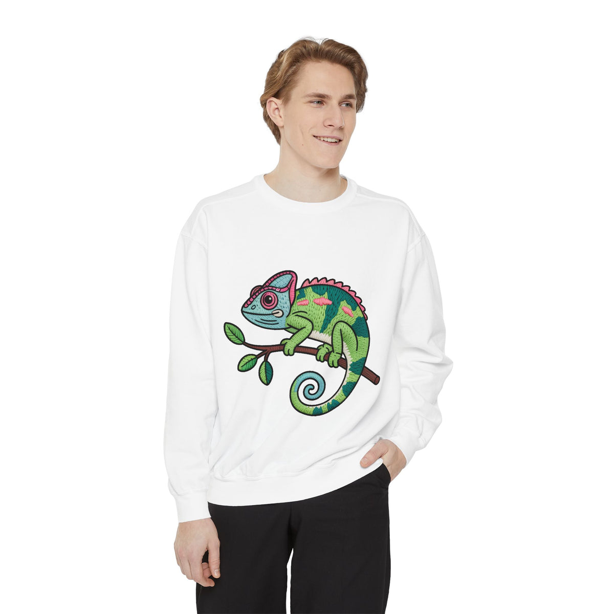 Chameleon Sweatshirt, Cute Embroidered Patch Style Crewneck, Reptile Lover Gift, Garment Dyed Sweatshirt for Nature Lovers
