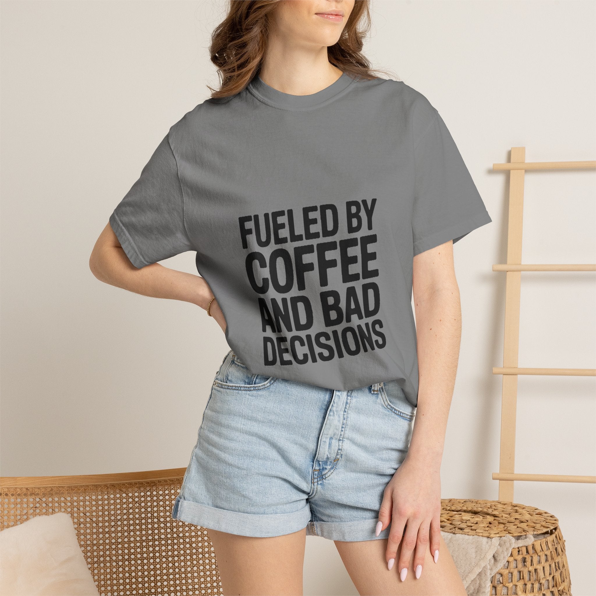 Fueled By Coffee And Bad Decisions Shirt, Funny Coffee Lover Tee, Sarcastic Quote T-Shirt, Bold Typography Graphic Tee