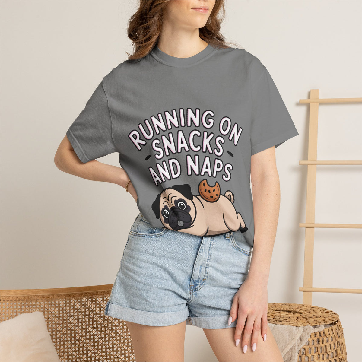 Funny Pug Shirt, Running On Snacks And Naps T-Shirt, Cute Pug Lover Gift, Napping Dog Tee, Lazy Dog Graphic Shirt