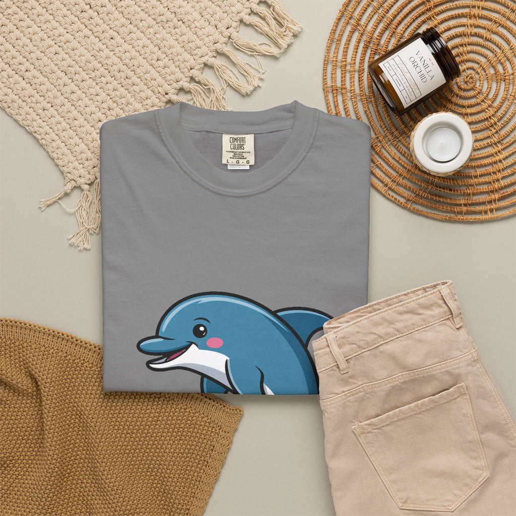 Cute Dolphin T-Shirt, Jumping Wave Dolphin Shirt, Ocean Lover Gift, Garment Dyed Unisex Tee, Beach Vacation Shirt