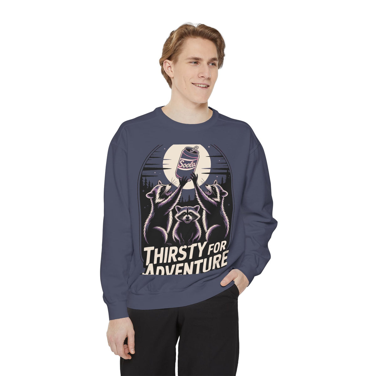 Thirsty For Adventure Raccoons Sweatshirt, Funny Vintage Poster Crewneck, Retro Raccoon Graphic Sweatshirt Gift