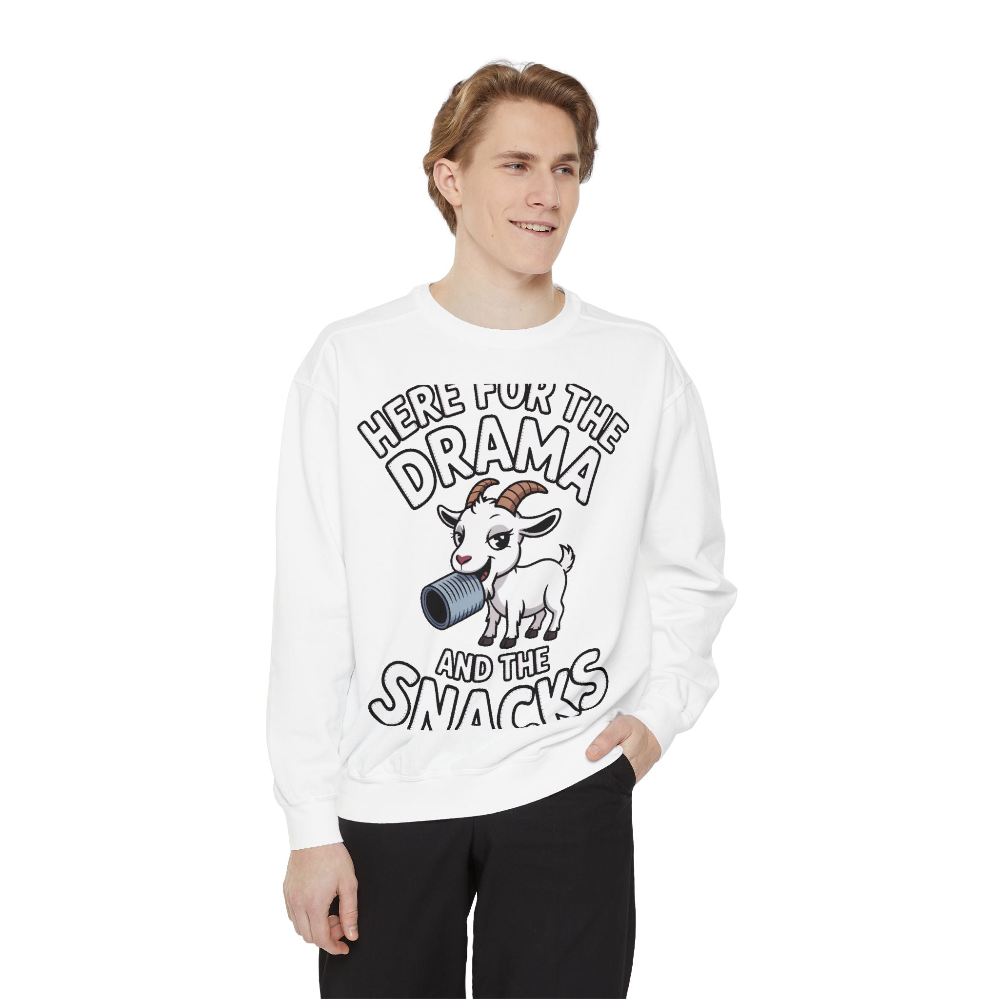 Funny Goat Sweatshirt, Here For The Drama And The Snacks Crewneck, Cute Goat Lover Gift, Embroidered Patch Style Sweatshirt