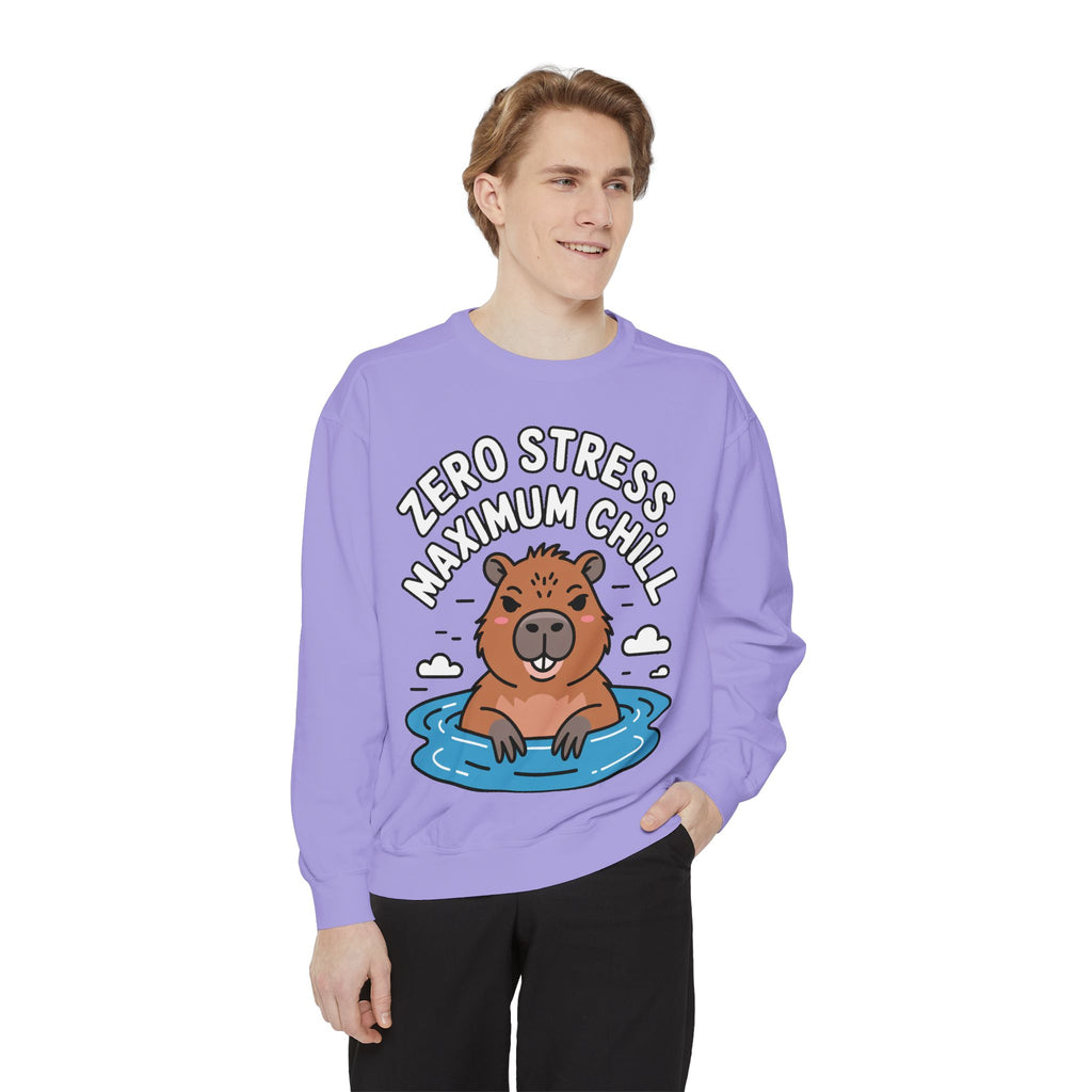 Zero Stress Capybara Sweatshirt, Funny Hot Spring Capybara Crewneck, Cute Chill Animal Gift, Garment Dyed Embroidered Sweatshirt
