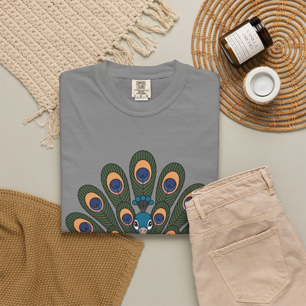 Cute Peacock T-Shirt, Fanned Feathers Bird Lover Gift Tee, Cartoon Peacock Graphic Shirt for Nature Lovers