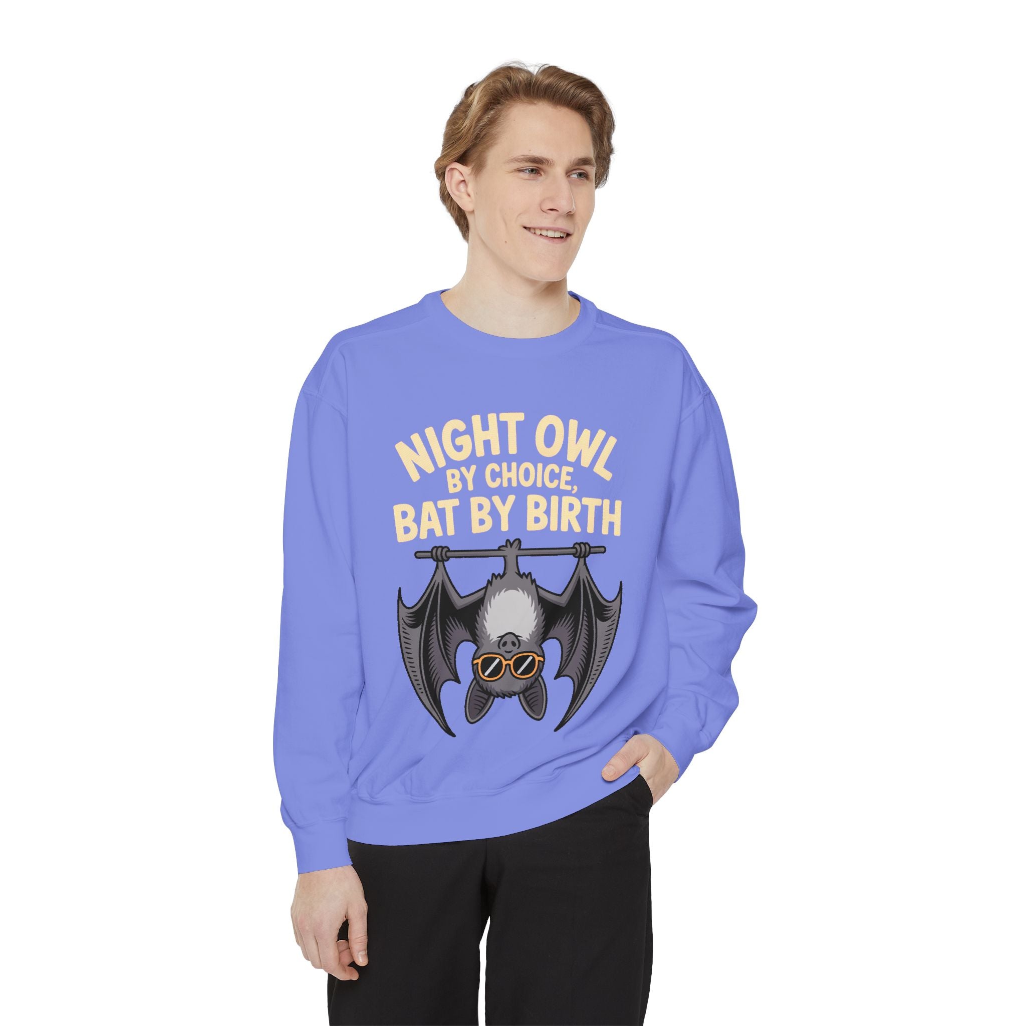 Night Owl By Choice Bat Sweatshirt, Funny Bat Lover Crewneck, Cute Halloween Sweatshirt, Embroidered Patch Style Bat Shirt Gift