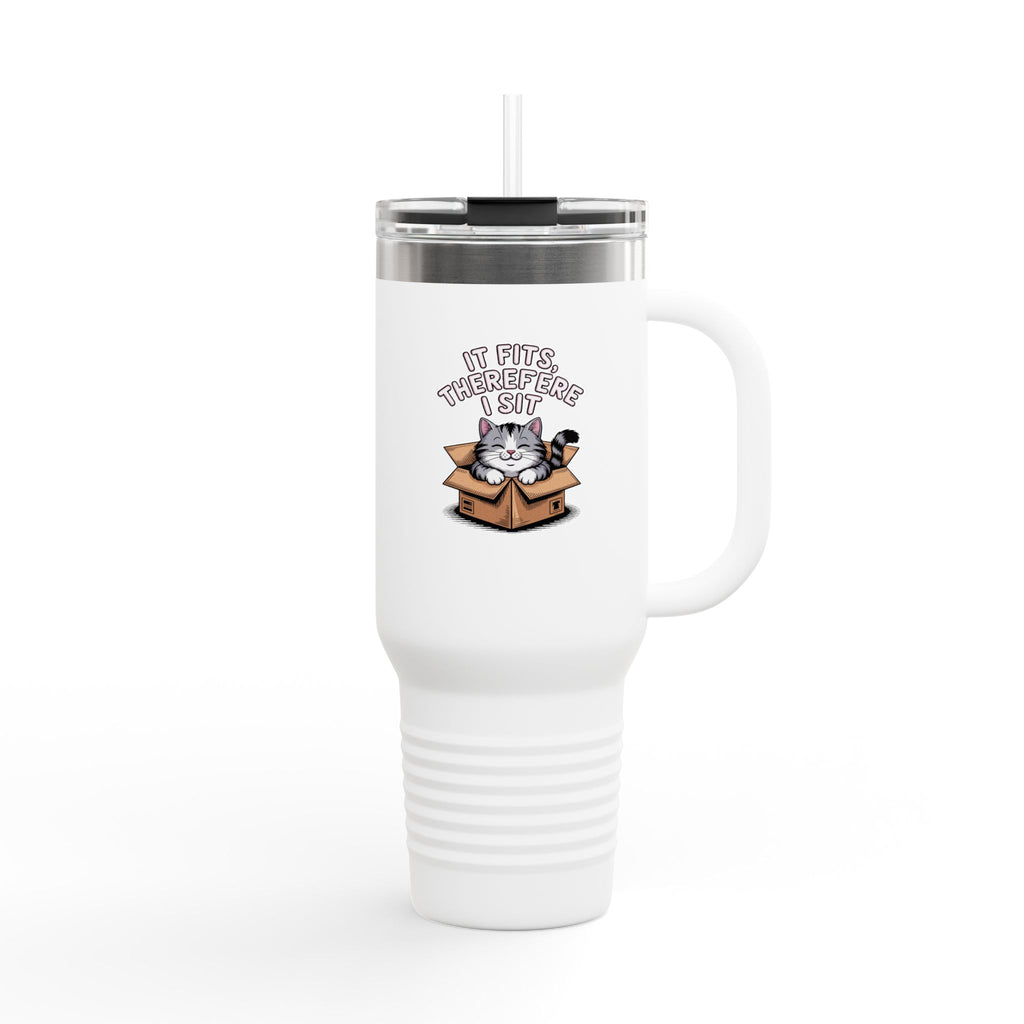 It Fits Therefore I Sit Cat Travel Mug, Funny Cat Box Tumbler, 40oz Insulated Cup with Handle and Straw, Cat Lover Gift