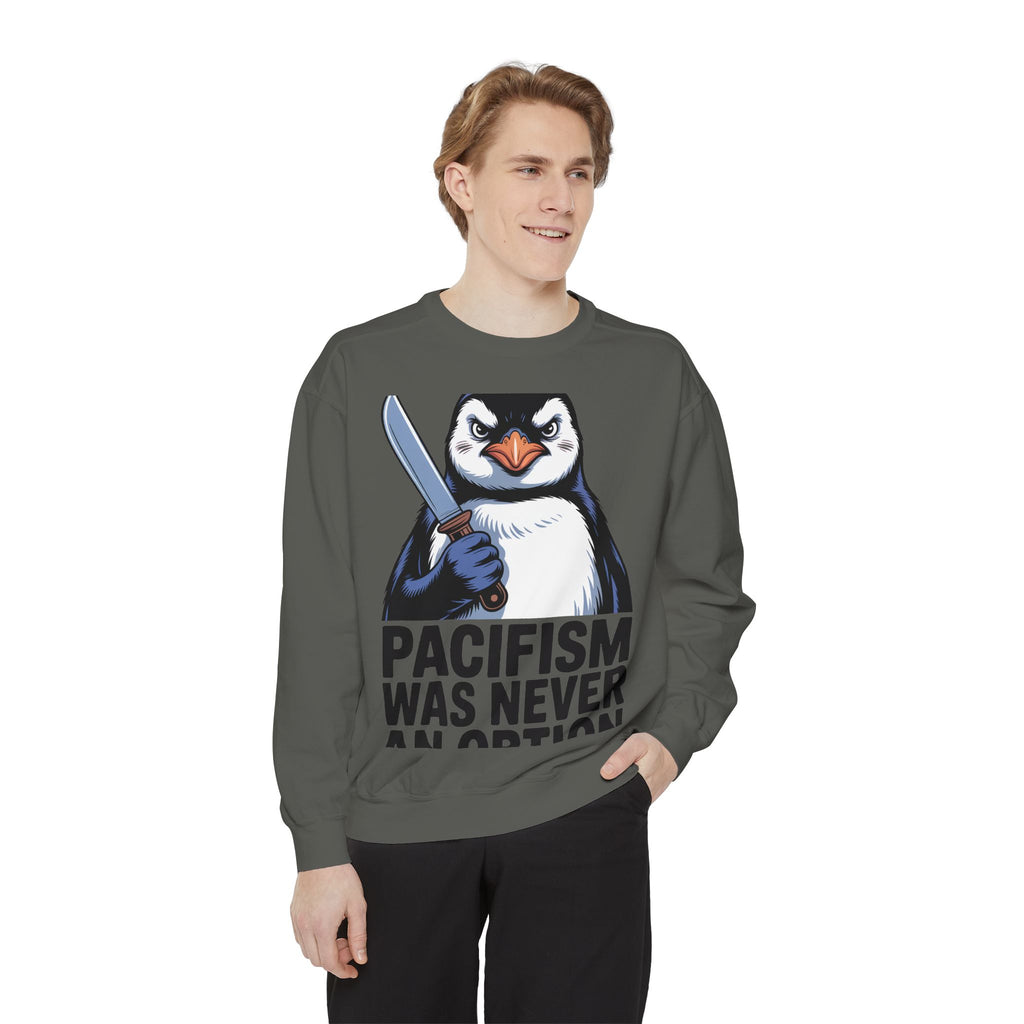 Pacifism Was Never An Option Penguin Sweatshirt, Funny Butter Knife Penguin Crewneck, Vintage Poster Style Graphic Sweatshirt Gift