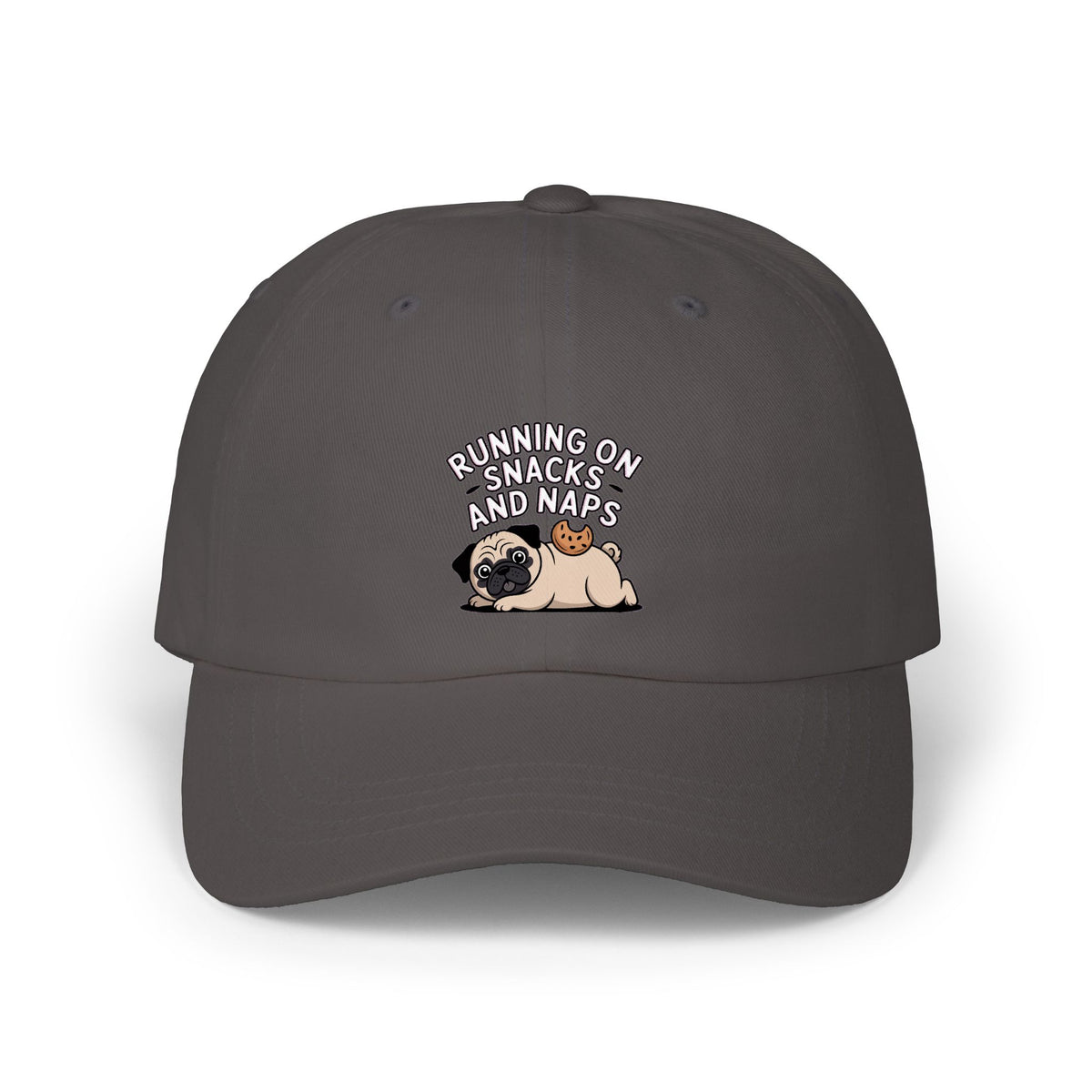 Pug Dad Hat, Funny Pug Cap, Running On Snacks And Naps Embroidered Hat, Cute Pug Lover Gift, Unstructured Dad Cap For Napping Dog Mom