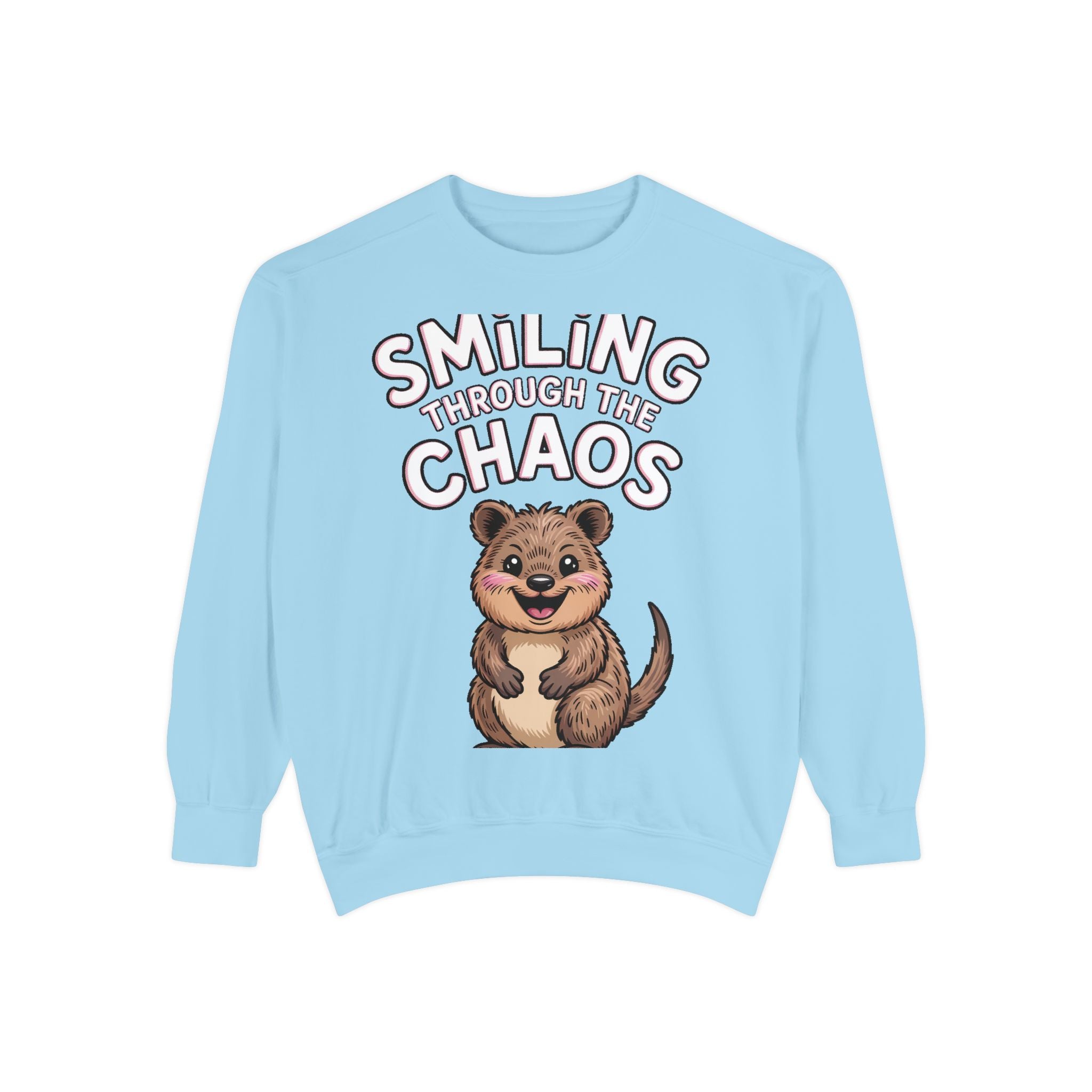 Smiling Through The Chaos Quokka Sweatshirt, Cute Embroidered-Look Crewneck, Funny Quokka Lover Gift, Positive Vibes Pullover