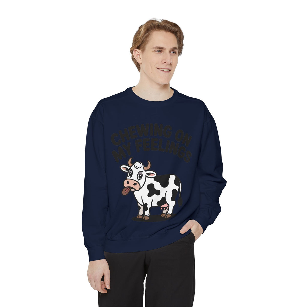Chewing On My Feelings Sweatshirt, Funny Cow Crewneck, Cute Cow Lover Gift, Embroidered Style Cow Sweatshirt, Funny Farm Animal Shirt