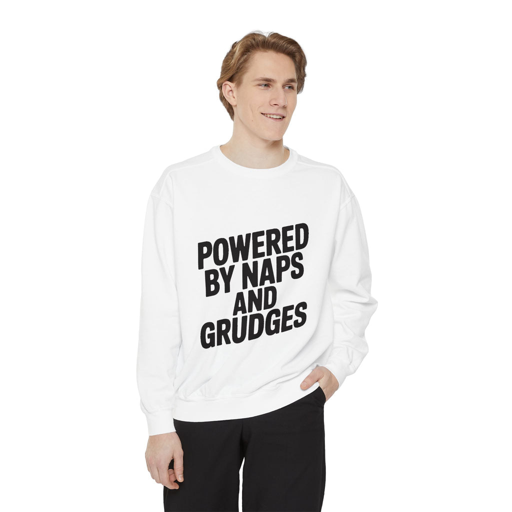 Powered By Naps And Grudges Sweatshirt, Funny Sarcastic Crewneck, Embroidered-Look Graphic Sweatshirt, Sarcasm Lover Gift