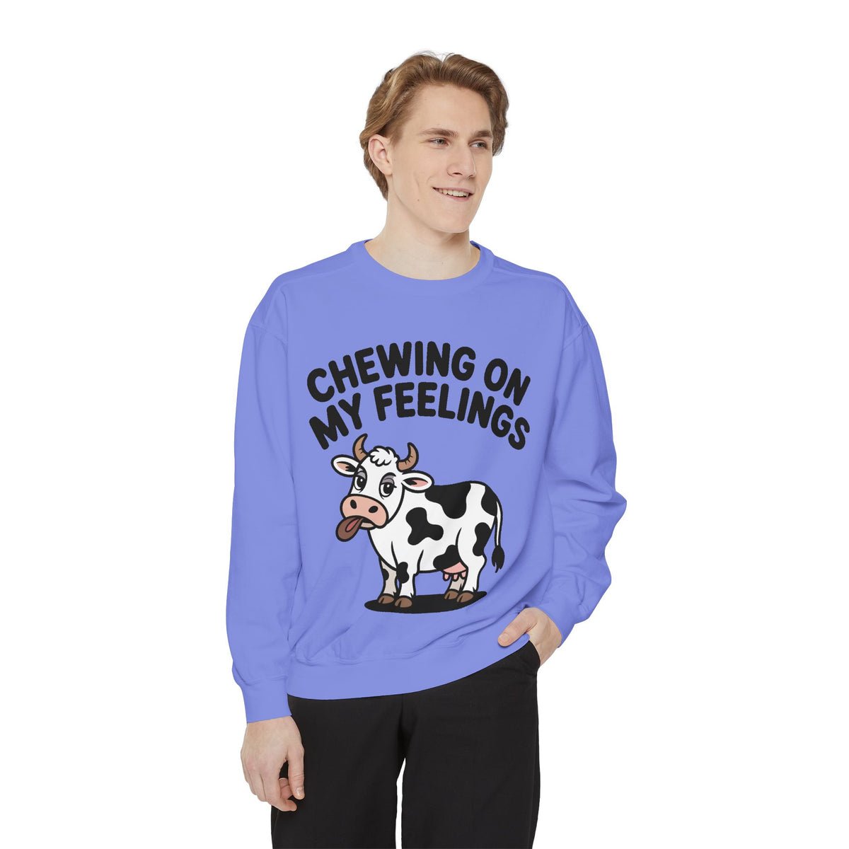 Chewing On My Feelings Sweatshirt, Funny Cow Crewneck, Cute Cow Lover Gift, Embroidered Style Cow Sweatshirt, Funny Farm Animal Shirt