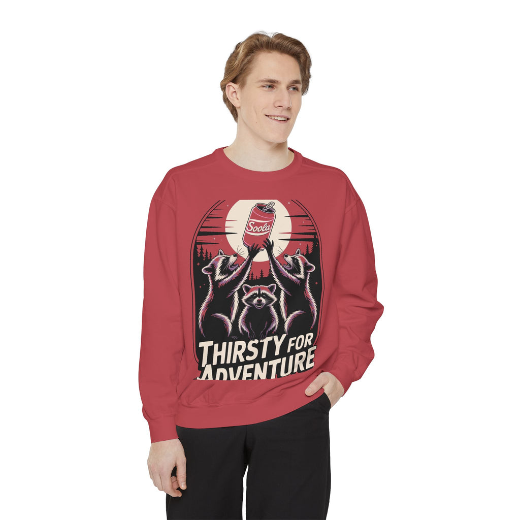 Thirsty For Adventure Raccoons Sweatshirt, Funny Vintage Poster Crewneck, Retro Raccoon Graphic Sweatshirt Gift