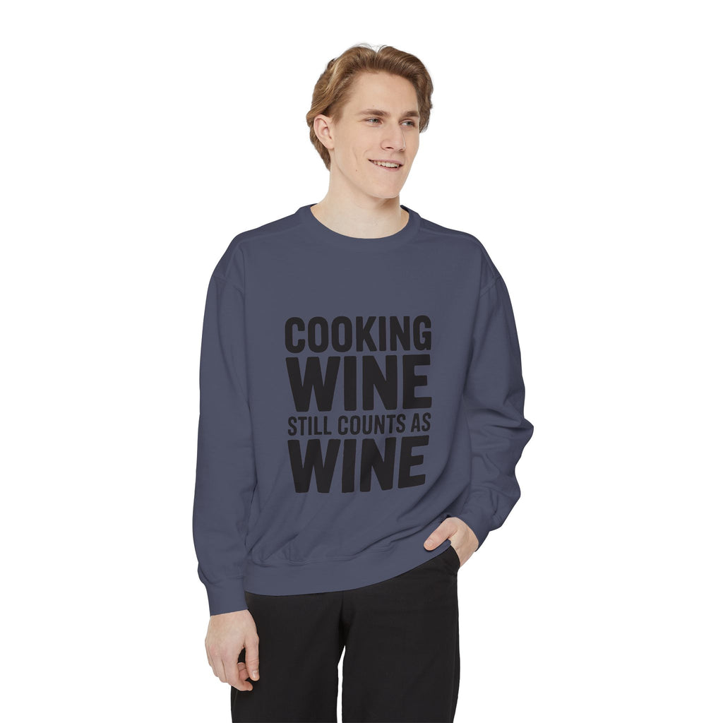 Cooking Wine Still Counts Sweatshirt, Funny Wine Lover Crewneck, Embroidered Kitchen Humor Sweatshirt, Gift for Wine Drinkers