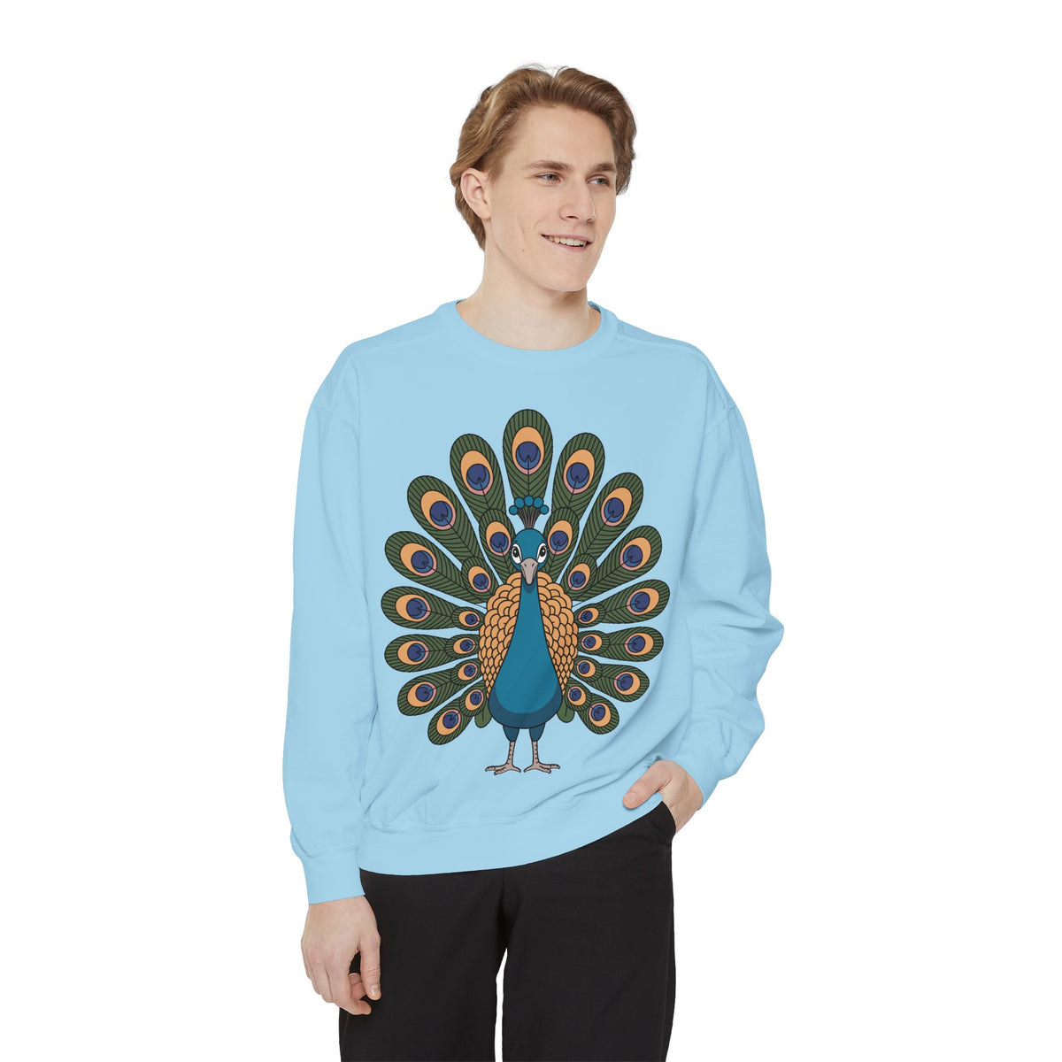 Peacock Sweatshirt, Cute Cartoon Peacock Crewneck, Embroidered Patch Style Feather Sweatshirt, Bird Lover Gift
