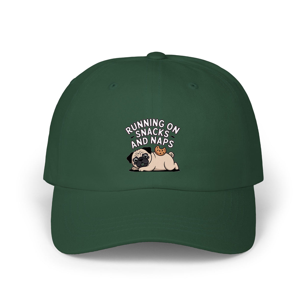 Pug Dad Hat, Funny Pug Cap, Running On Snacks And Naps Embroidered Hat, Cute Pug Lover Gift, Unstructured Dad Cap For Napping Dog Mom