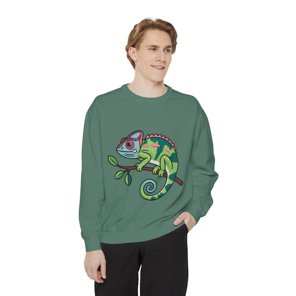 Chameleon Sweatshirt, Cute Embroidered Patch Style Crewneck, Reptile Lover Gift, Garment Dyed Sweatshirt for Nature Lovers