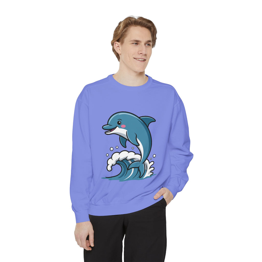 Cute Dolphin Sweatshirt, Embroidered Wave Crewneck, Ocean Lover Gift, Garment Dyed Beach Sweatshirt for Women Men