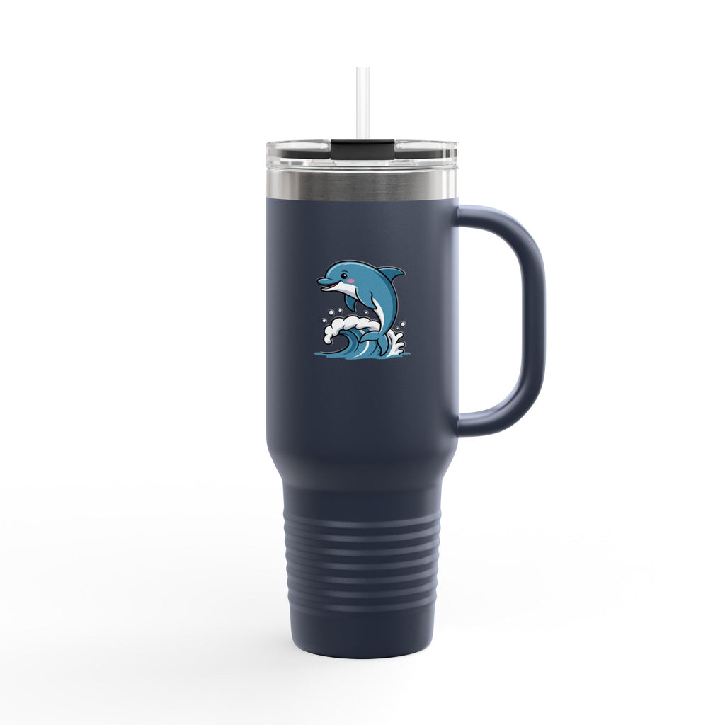 Cute Dolphin Travel Mug, Jumping Dolphin 40oz Tumbler with Handle, Ocean Lover Gift, Beach Vacation Cup for Her