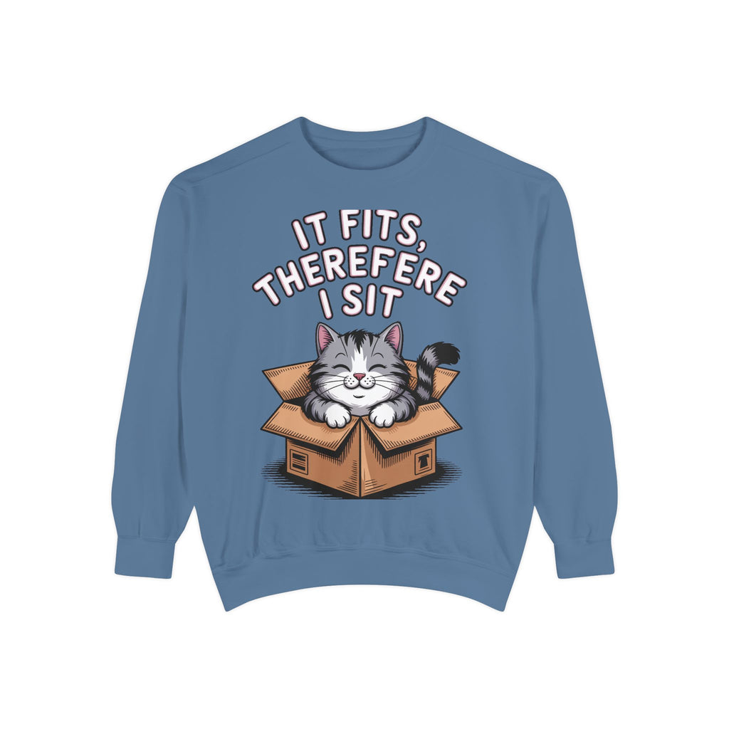 Funny Cat Sweatshirt, It Fits Therefore I Sit Crewneck, Cat In Box Embroidered Sweatshirt, Cat Lover Gift, Funny Cat Lover Sweater