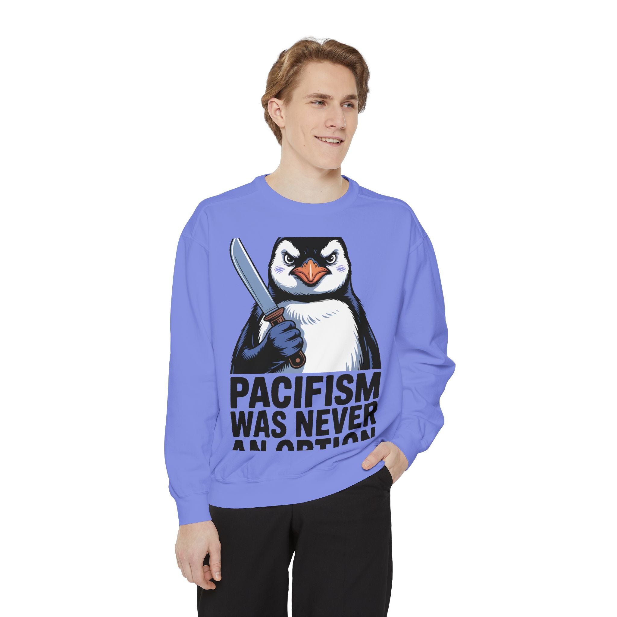 Pacifism Was Never An Option Penguin Sweatshirt, Funny Butter Knife Penguin Crewneck, Vintage Poster Style Graphic Sweatshirt Gift