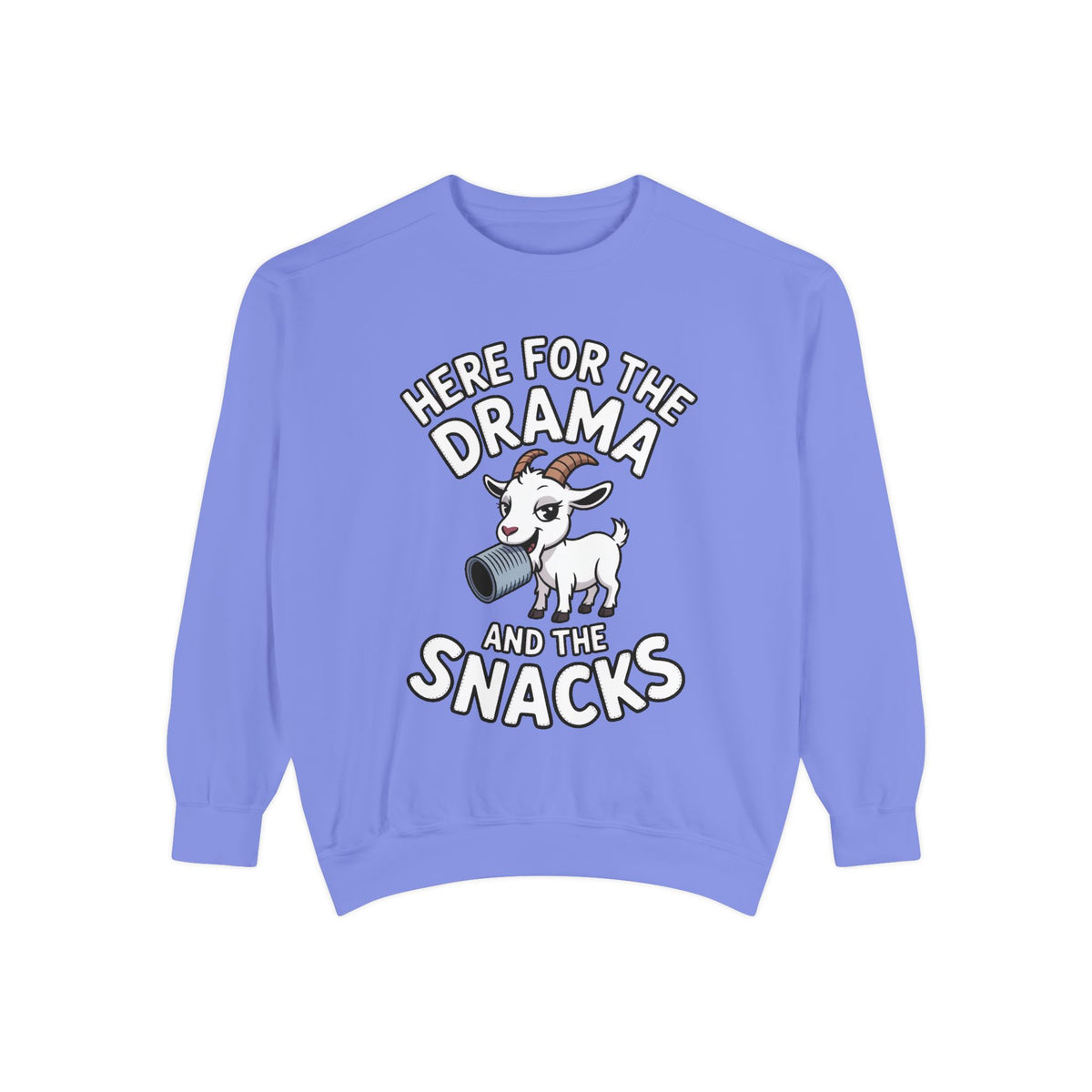 Funny Goat Sweatshirt, Here For The Drama And The Snacks Crewneck, Cute Goat Lover Gift, Embroidered Patch Style Sweatshirt
