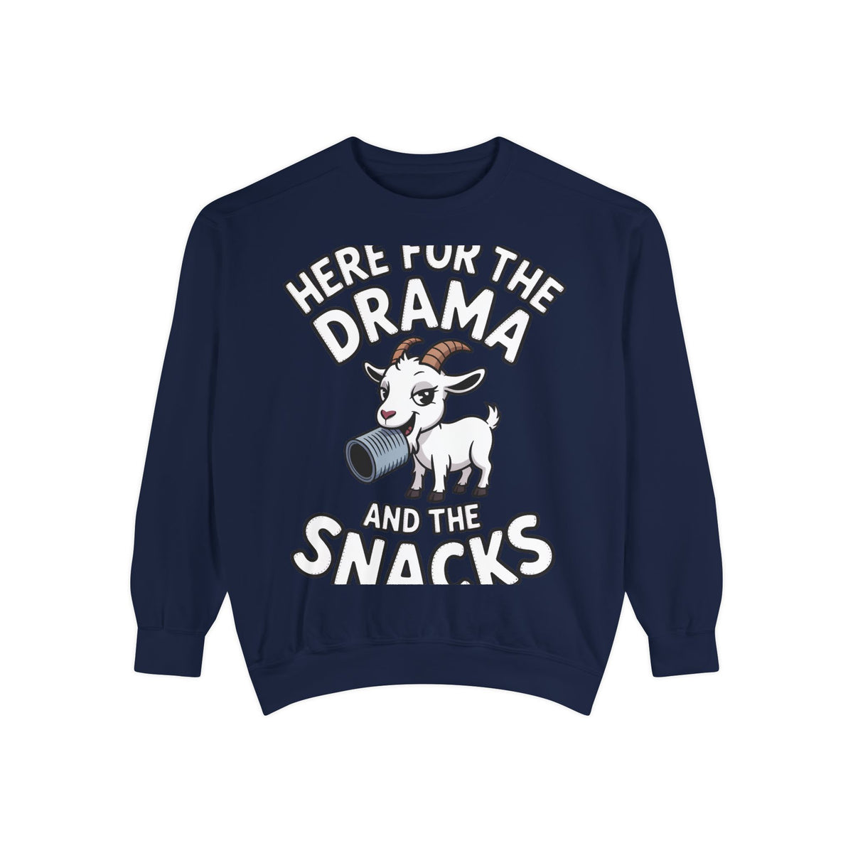 Funny Goat Sweatshirt, Here For The Drama And The Snacks Crewneck, Cute Goat Lover Gift, Embroidered Patch Style Sweatshirt