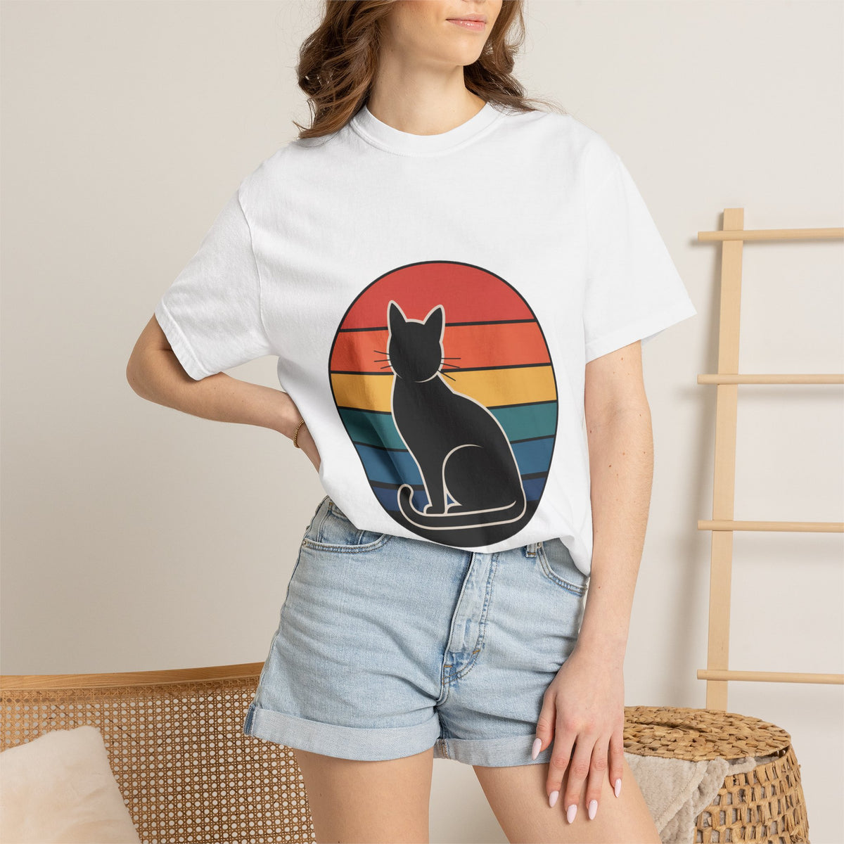 Retro Sunset Cat Badge T-Shirt