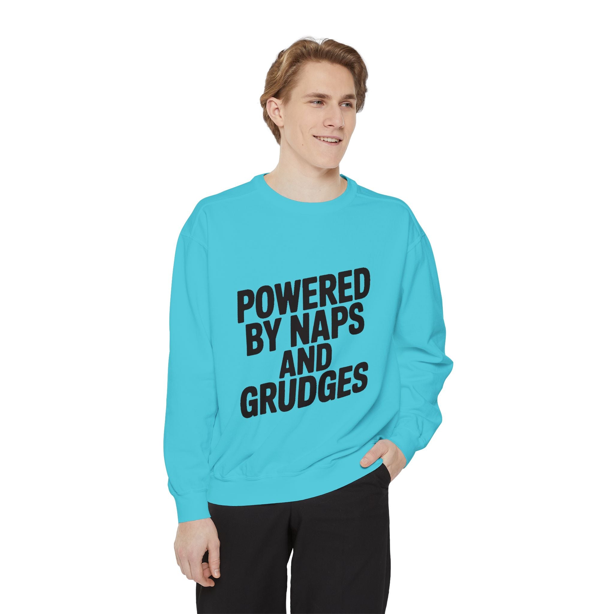 Powered By Naps And Grudges Sweatshirt, Funny Sarcastic Crewneck, Embroidered-Look Graphic Sweatshirt, Sarcasm Lover Gift