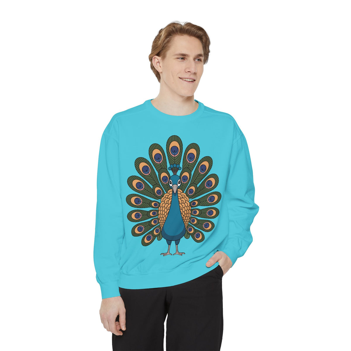 Peacock Sweatshirt, Cute Cartoon Peacock Crewneck, Embroidered Patch Style Feather Sweatshirt, Bird Lover Gift