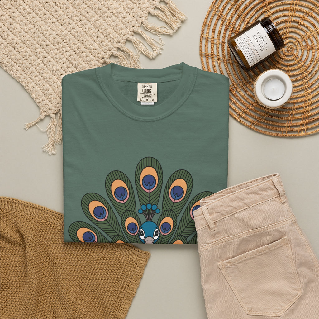 Cute Peacock T-Shirt, Fanned Feathers Bird Lover Gift Tee, Cartoon Peacock Graphic Shirt for Nature Lovers