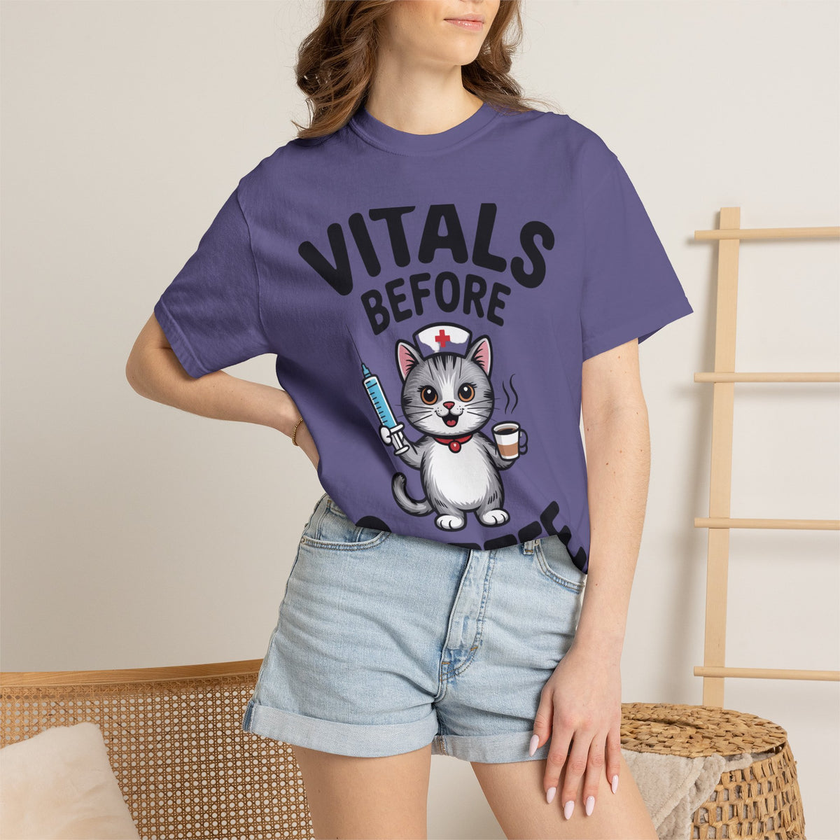 Vitals Before Coffee Nurse Shirt, Funny Nurse Cat T-Shirt, Cute Nurse Gift, Nursing Student Shirt, RN Coffee Lover Tee