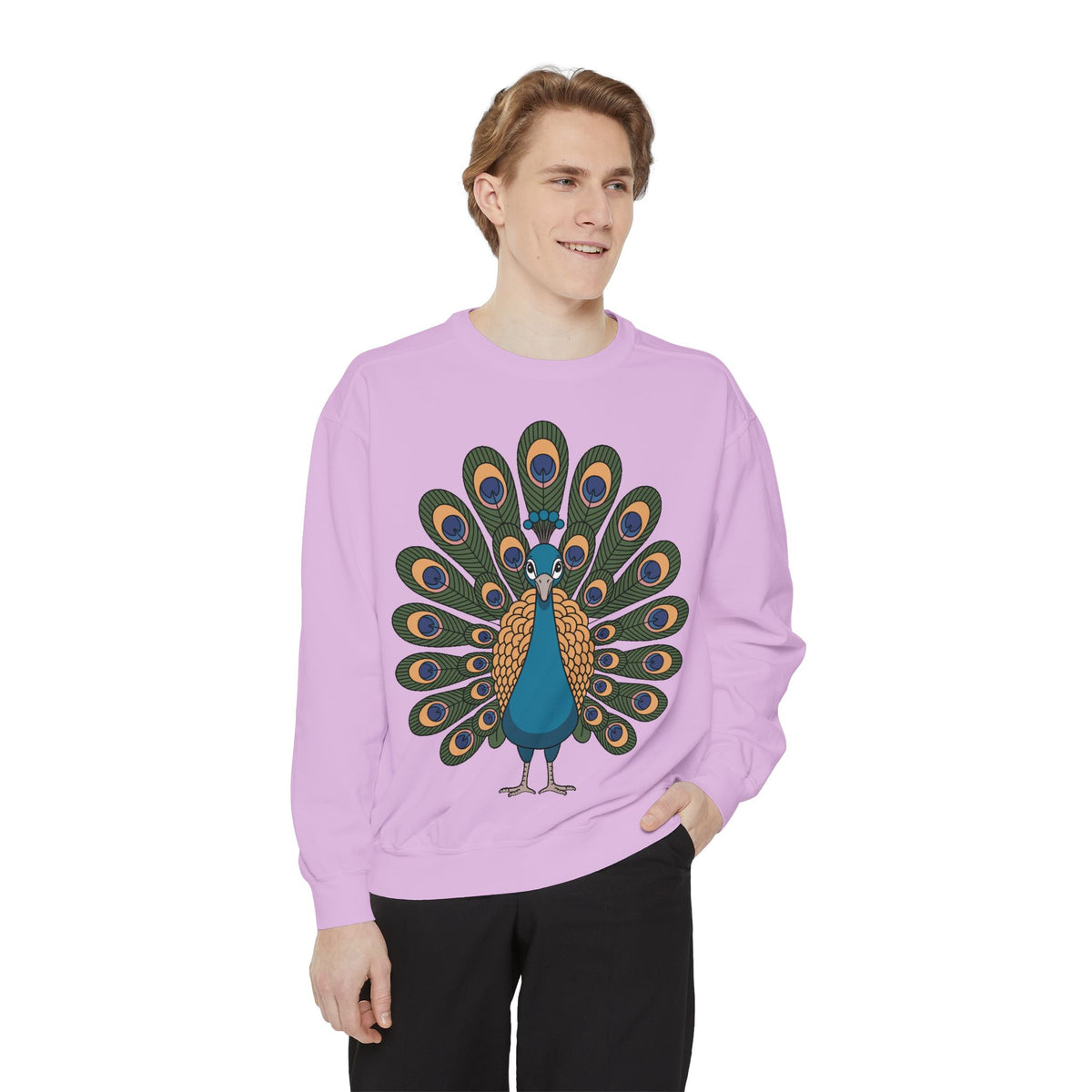 Peacock Sweatshirt, Cute Cartoon Peacock Crewneck, Embroidered Patch Style Feather Sweatshirt, Bird Lover Gift