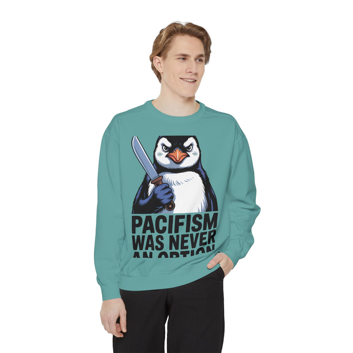 Pacifism Was Never An Option Penguin Sweatshirt, Funny Butter Knife Penguin Crewneck, Vintage Poster Style Graphic Sweatshirt Gift