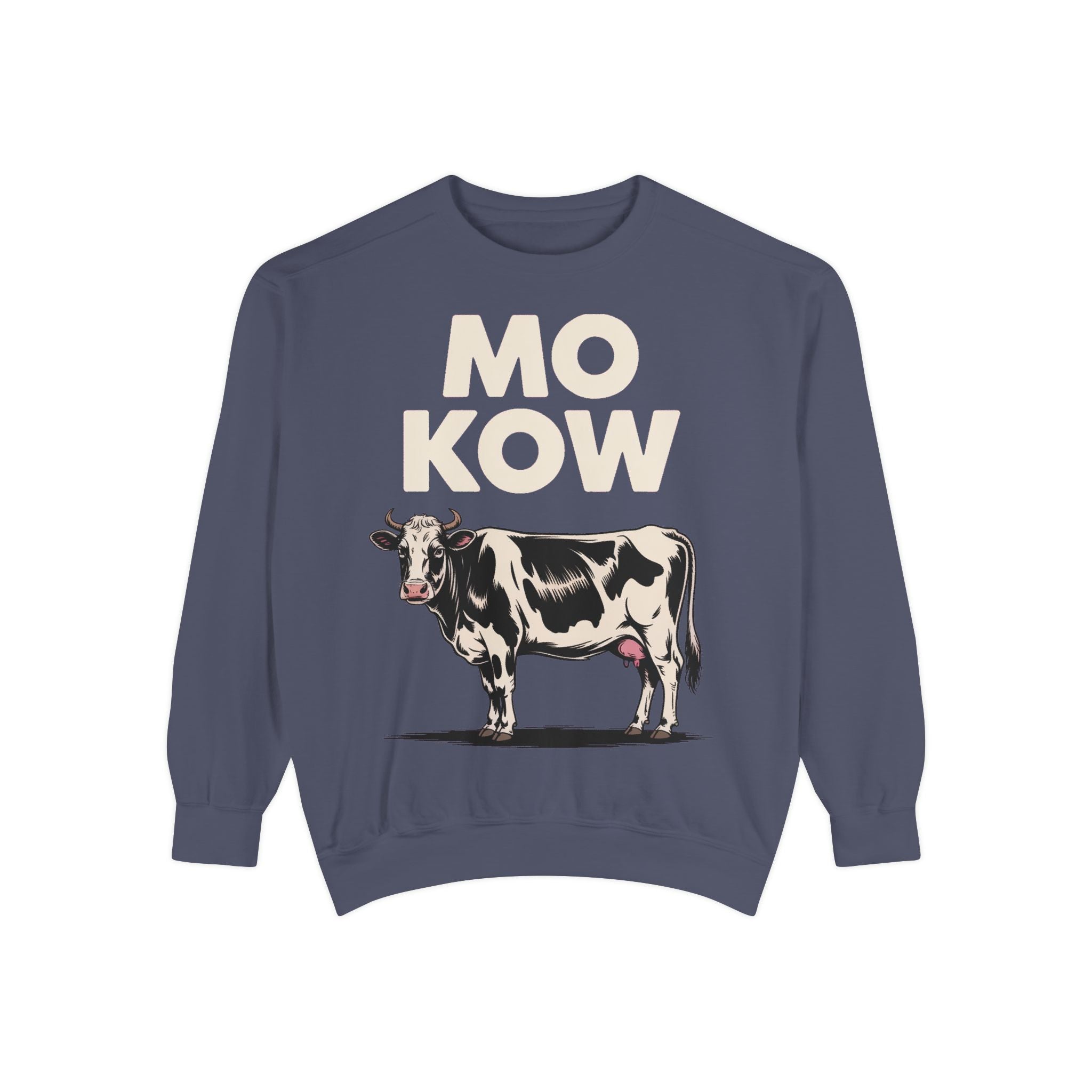 Mo Kow Funny Cow Sweatshirt, Absurd Meme Crewneck, Deadpan Farm Animal Embroidered Sweatshirt, Funny Cow Lover Gift