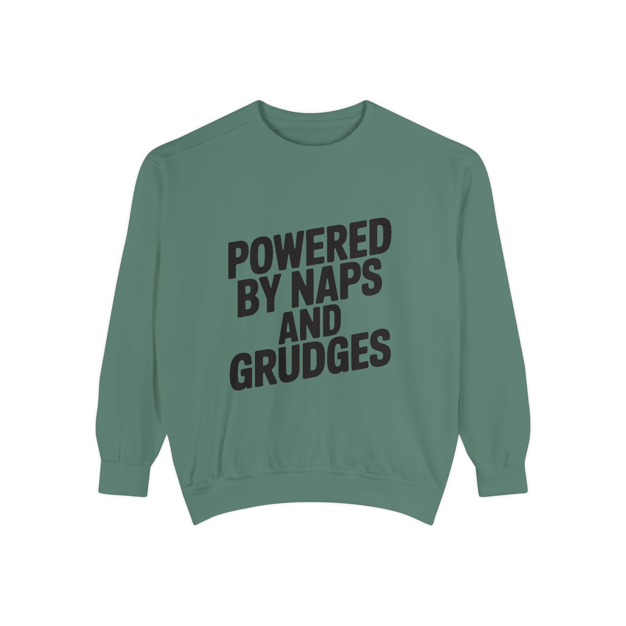 Powered By Naps And Grudges Sweatshirt, Funny Sarcastic Crewneck, Embroidered-Look Graphic Sweatshirt, Sarcasm Lover Gift