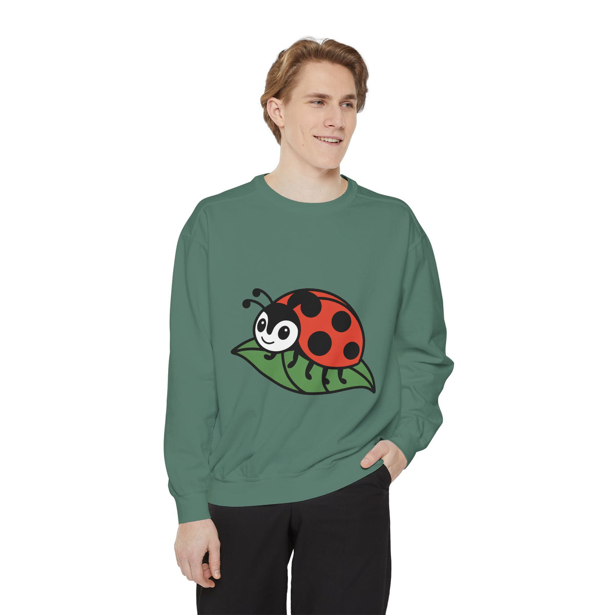 Ladybug Sweatshirt, Cute Embroidered Ladybug On Leaf Crewneck, Garden Lover Gift, Nature Sweatshirt