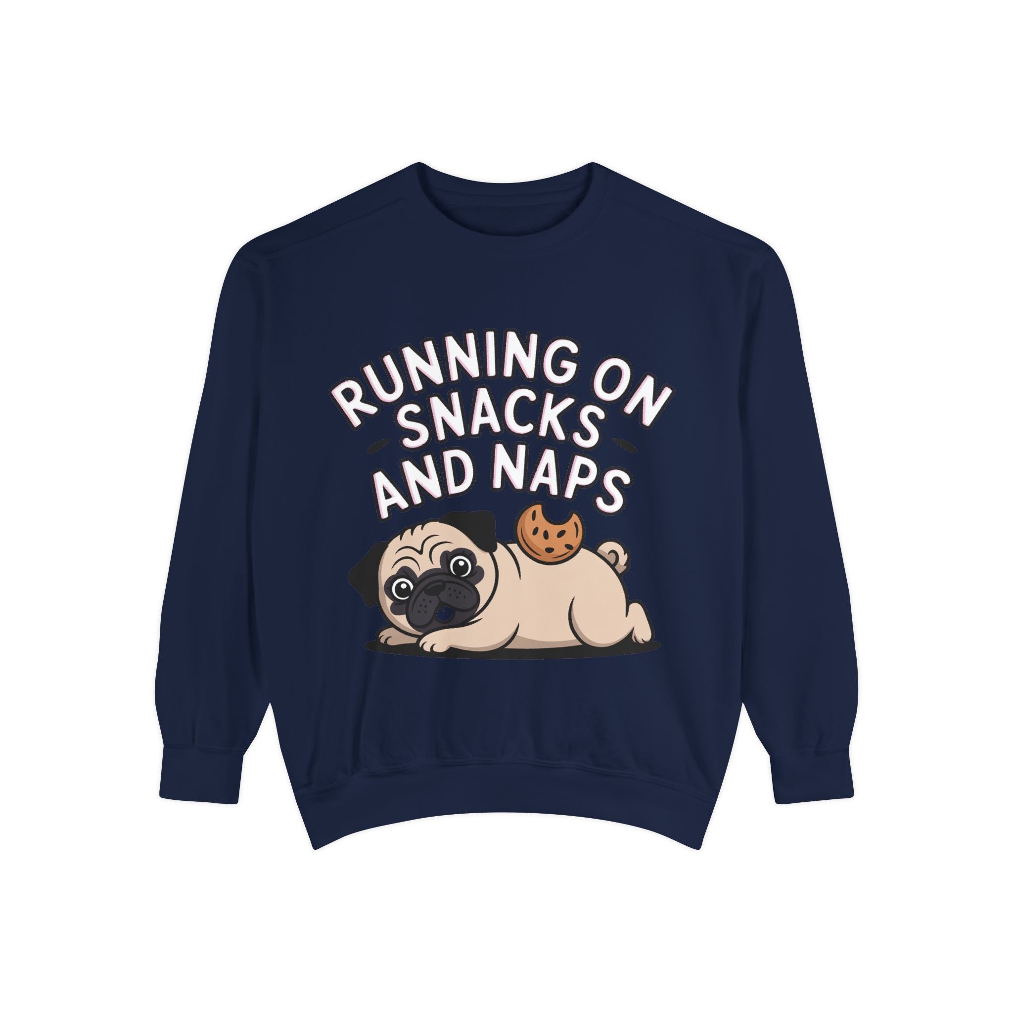 Pug Sweatshirt, Funny Running On Snacks And Naps Crewneck, Cute Pug Lover Gift, Embroidered Patch Style Dog Sweater