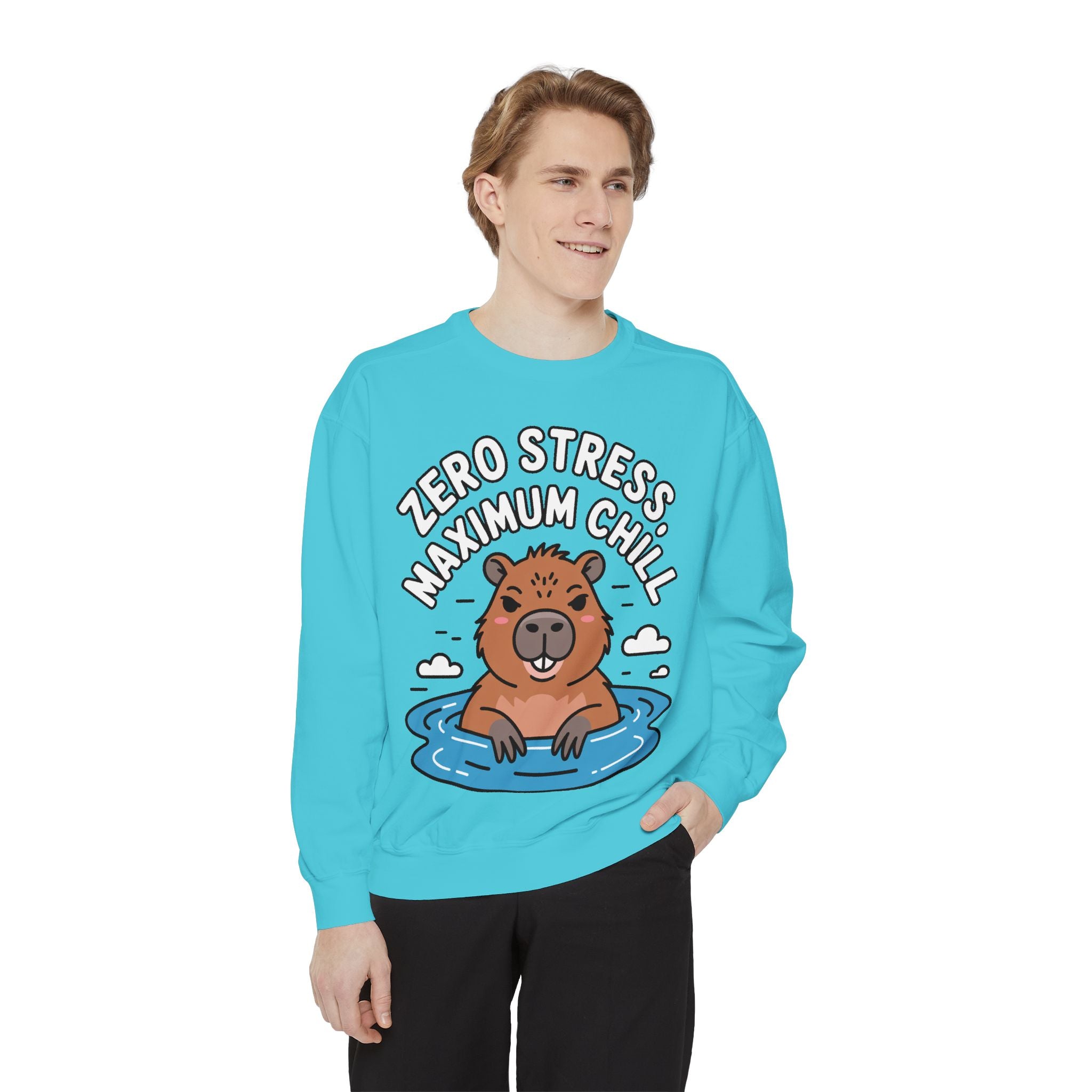 Zero Stress Capybara Sweatshirt, Funny Hot Spring Capybara Crewneck, Cute Chill Animal Gift, Garment Dyed Embroidered Sweatshirt