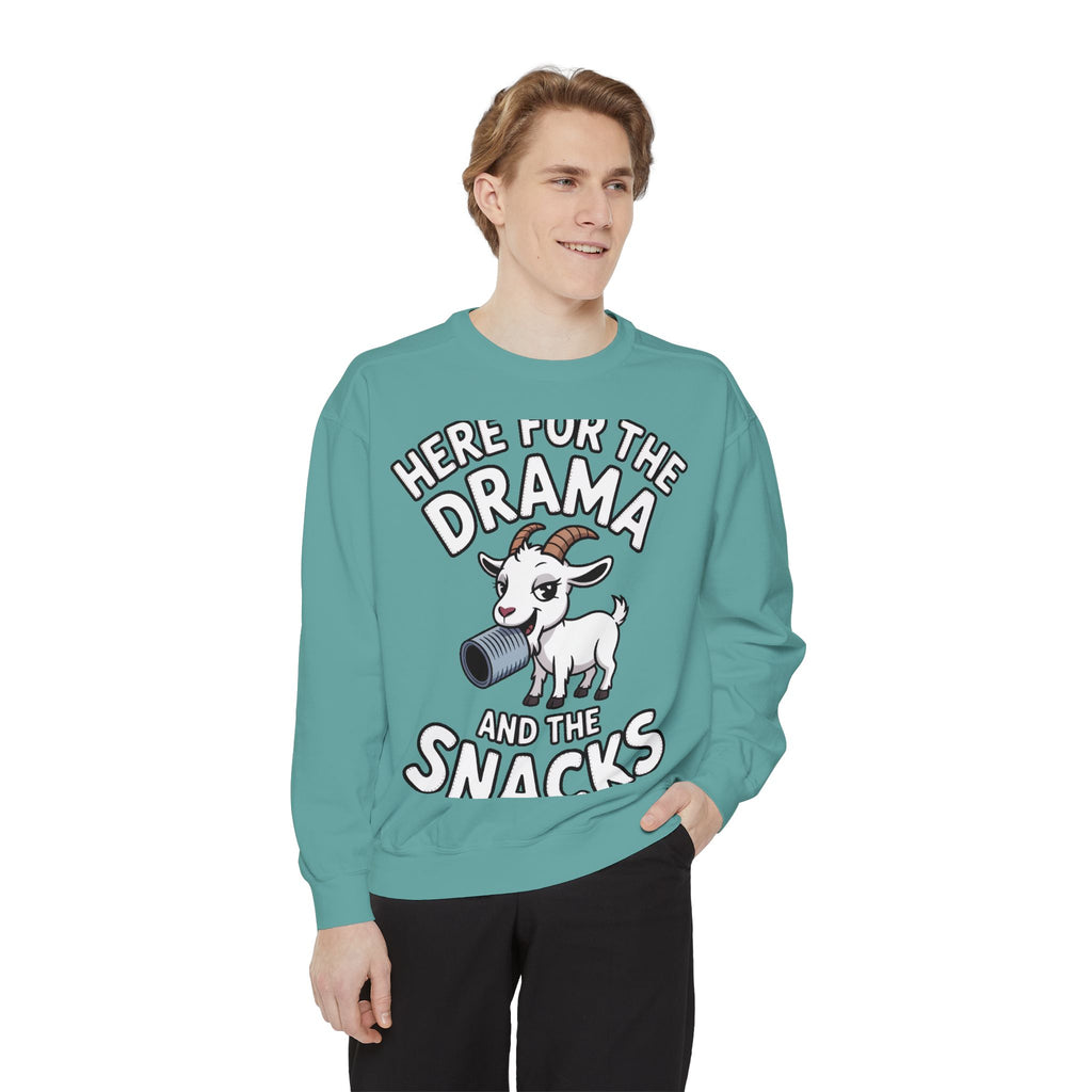 Funny Goat Sweatshirt, Here For The Drama And The Snacks Crewneck, Cute Goat Lover Gift, Embroidered Patch Style Sweatshirt