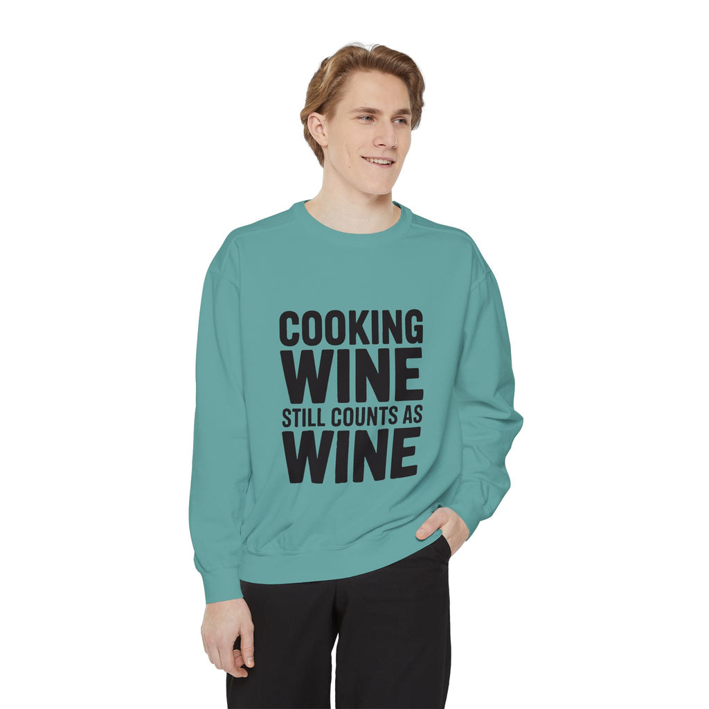 Cooking Wine Still Counts Sweatshirt, Funny Wine Lover Crewneck, Embroidered Kitchen Humor Sweatshirt, Gift for Wine Drinkers