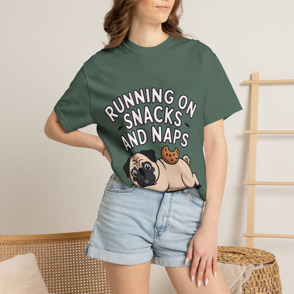 Funny Pug Shirt, Running On Snacks And Naps T-Shirt, Cute Pug Lover Gift, Napping Dog Tee, Lazy Dog Graphic Shirt