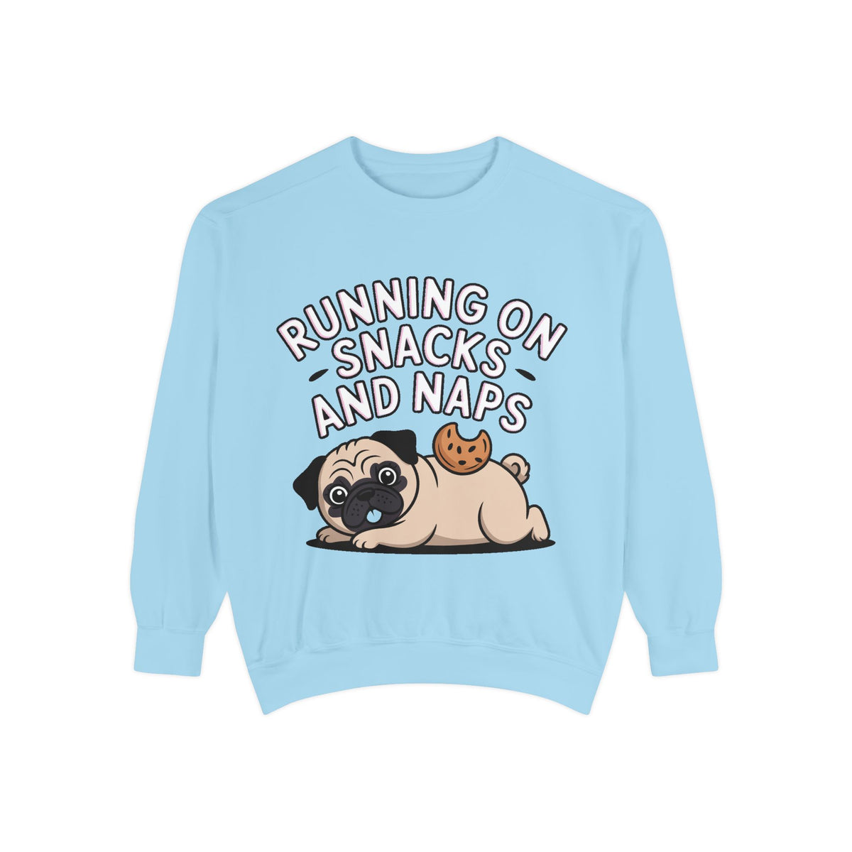 Pug Sweatshirt, Funny Running On Snacks And Naps Crewneck, Cute Pug Lover Gift, Embroidered Patch Style Dog Sweater