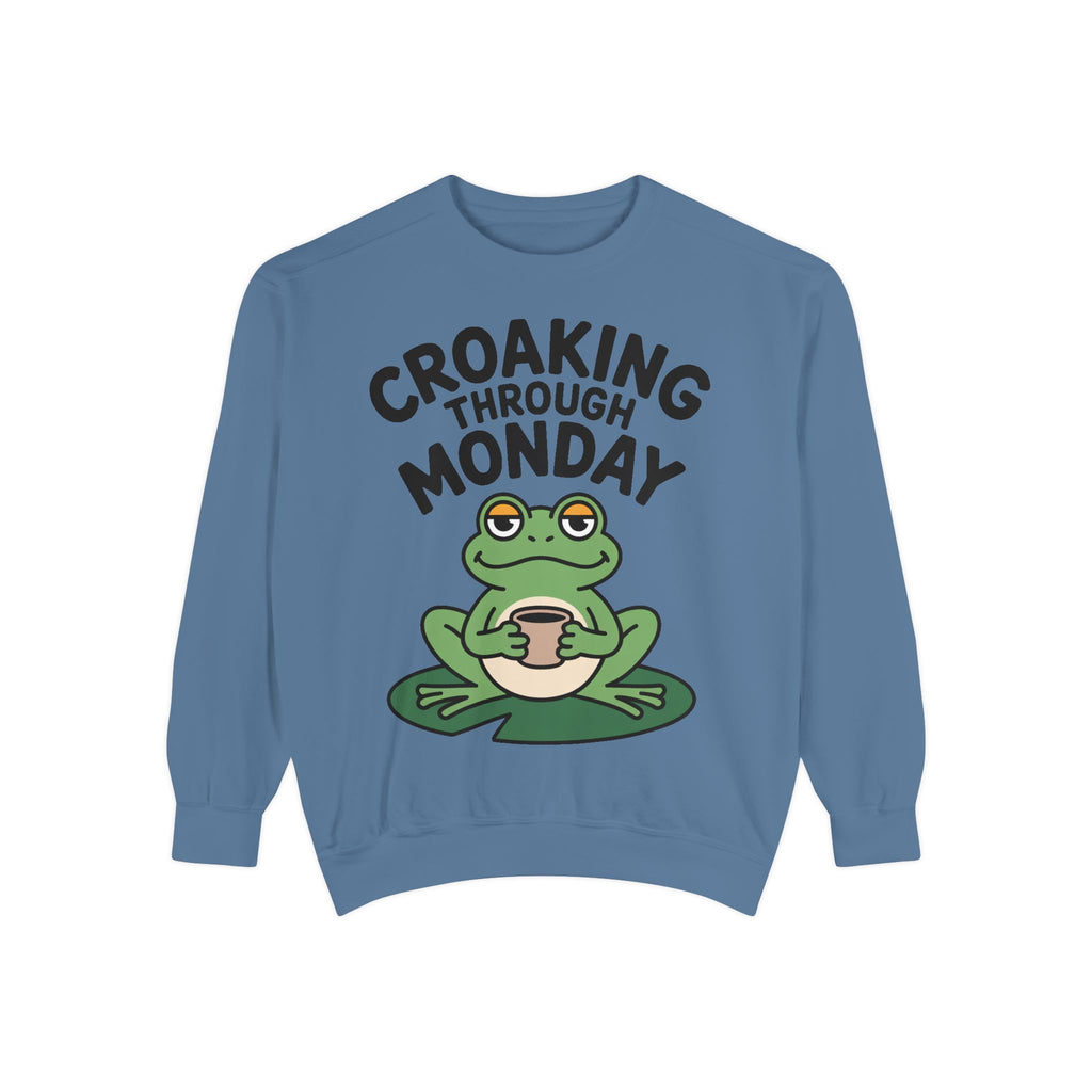 Croaking Through Monday Sweatshirt, Funny Tired Frog Crewneck, Cute Coffee Frog Sweatshirt, Frog Lover Gift