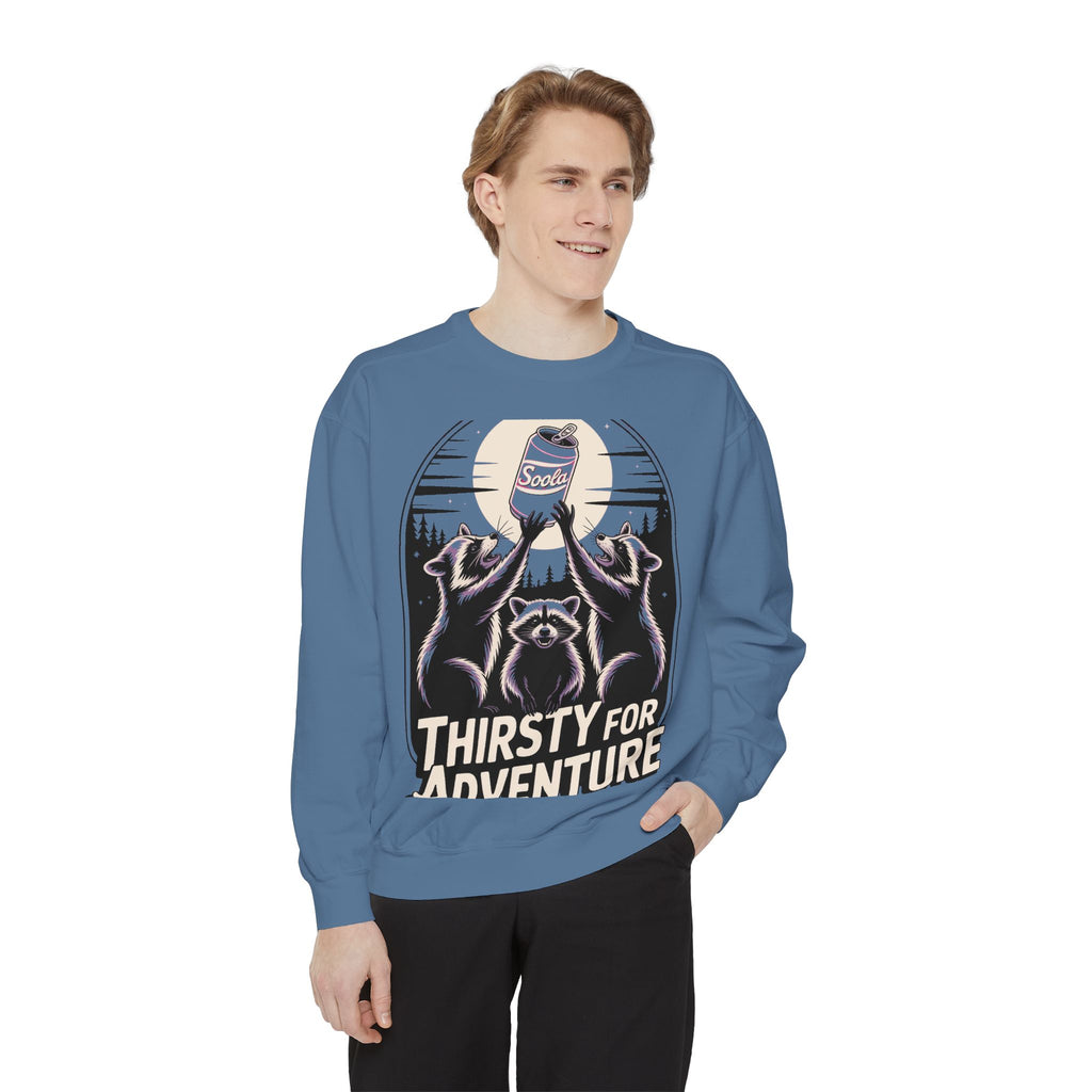 Thirsty For Adventure Raccoons Sweatshirt, Funny Vintage Poster Crewneck, Retro Raccoon Graphic Sweatshirt Gift