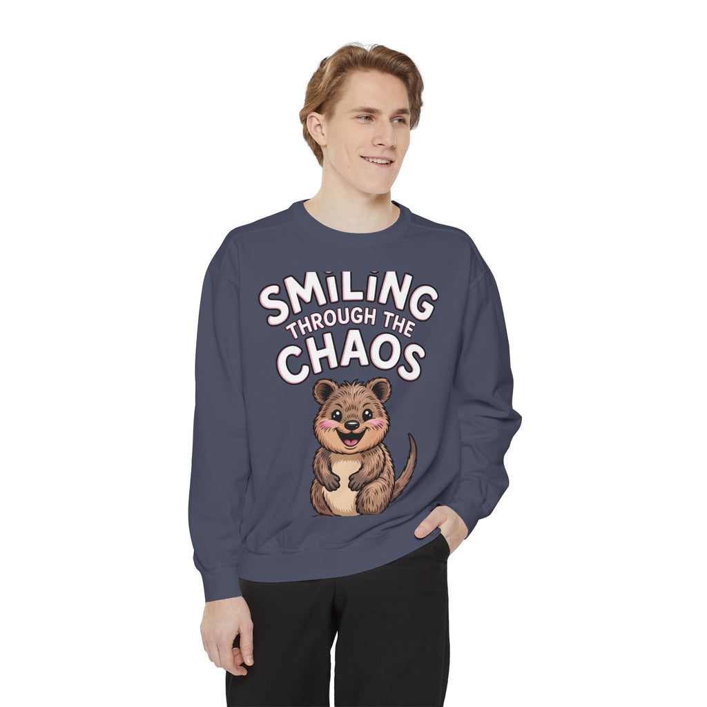 Smiling Through The Chaos Quokka Sweatshirt, Cute Embroidered-Look Crewneck, Funny Quokka Lover Gift, Positive Vibes Pullover